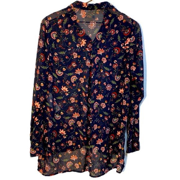 HOLLISTER Blouse Women’s Medium Button Navy Blue Sheer Pink Floral High Low. - Picture 2 of 12